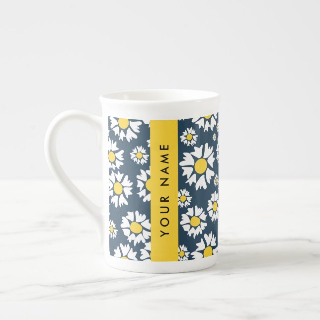 Daisy Pattern, White Daisies, Your Name Bone China Mug (Left)