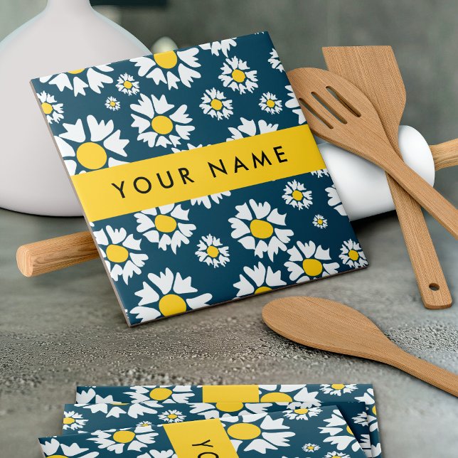 Daisy Pattern, White Daisies, Your Name Ceramic Tile (Creator Uploaded)