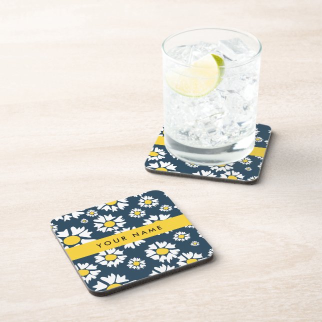 Daisy Pattern, White Daisies, Your Name Coaster (Right Side)