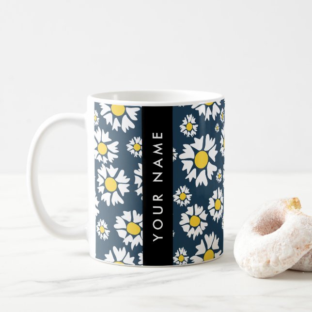 Daisy Pattern, White Daisies, Your Name Coffee Mug (With Donut)