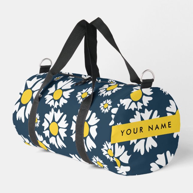Daisy Pattern, White Daisies, Your Name Duffle Bag (Left Corner)