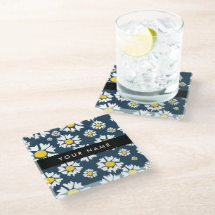 Daisy Pattern, White Daisies, Your Name Glass Coaster