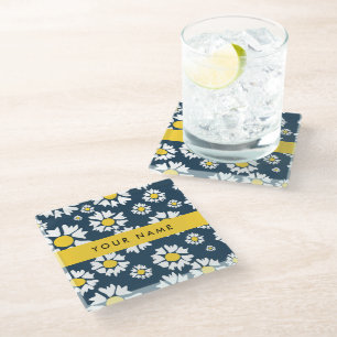 Daisy Pattern, White Daisies, Your Name Glass Coaster