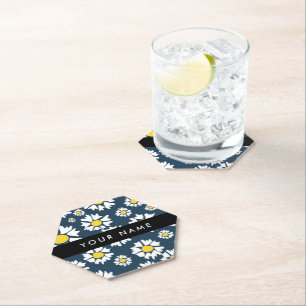 Daisy Pattern, White Daisies, Your Name Paper Coaster