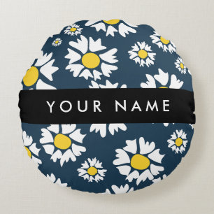 Daisy Pattern, White Daisies, Your Name Round Cushion