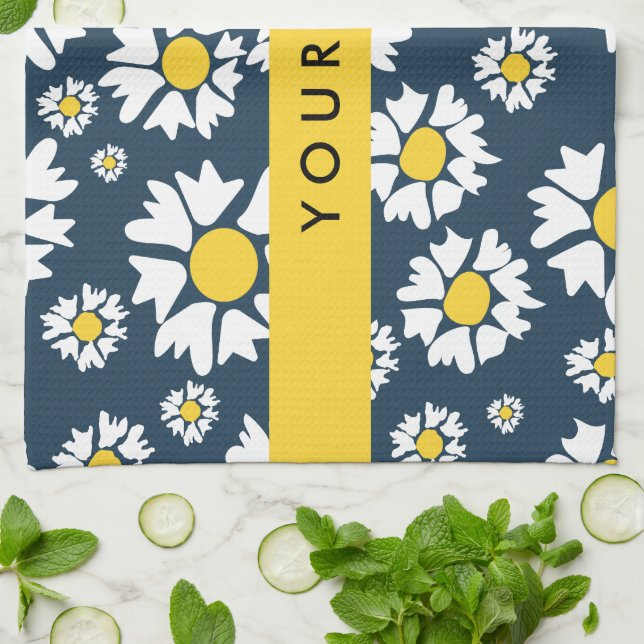 Daisy Pattern, White Daisies, Your Name Tea Towel (Folded)