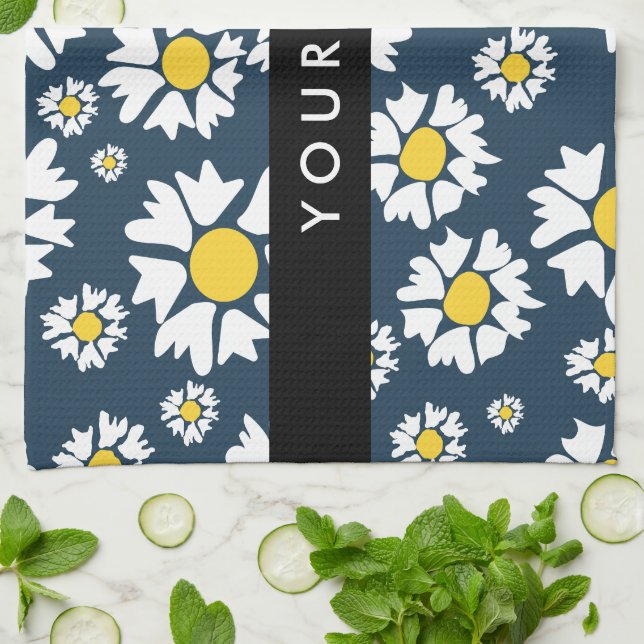 Daisy Pattern, White Daisies, Your Name Tea Towel (Folded)