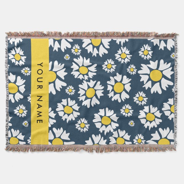 Daisy Pattern, White Daisies, Your Name Throw Blanket (Front)