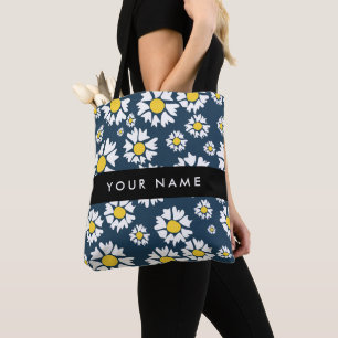 Daisy Pattern, White Daisies, Your Name Tote Bag