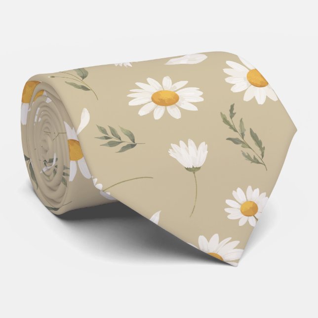 Daisy pattern, white romantic and floral  tie (Rolled)