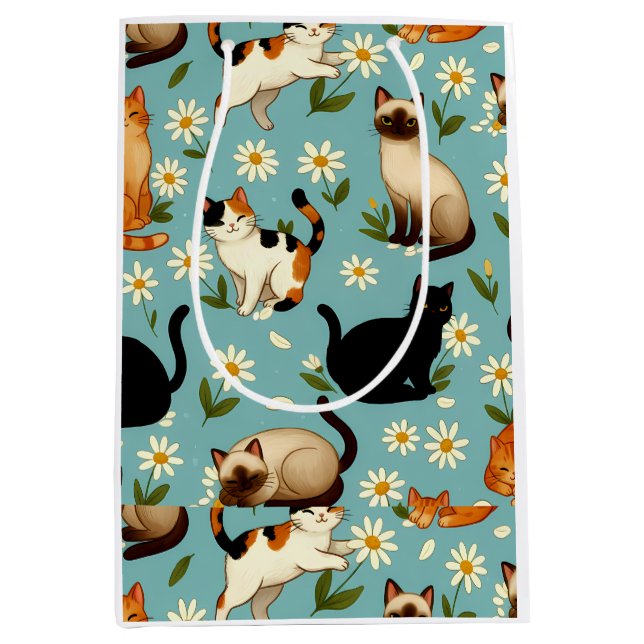 Daisy Paws Parade – Playful Cats & Blooms Medium Gift Bag (Front)