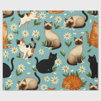 Daisy Paws Parade – Playful Cats & Blooms Wrapping Paper