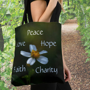 Daisy Peace Love Hope Faith Charity Floral Green Tote Bag