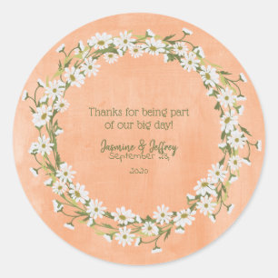 Daisy & Peach Floral Wedding Thank You Classic Round Sticker