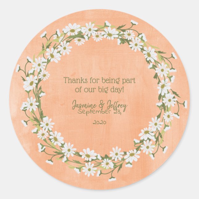Daisy & Peach Floral Wedding Thank You Classic Round Sticker (Front)