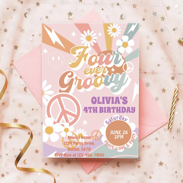 Daisy Peach Love Four Ever Groovy 4th birthday Invitation (Creator Uploaded)
