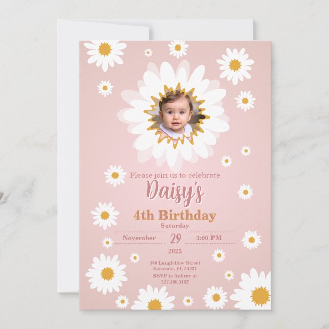 Daisy Pink Any Age Birthday Photo Invitation (Front)