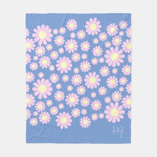 Daisy Pink Blue  Fleece Blanket (Front)