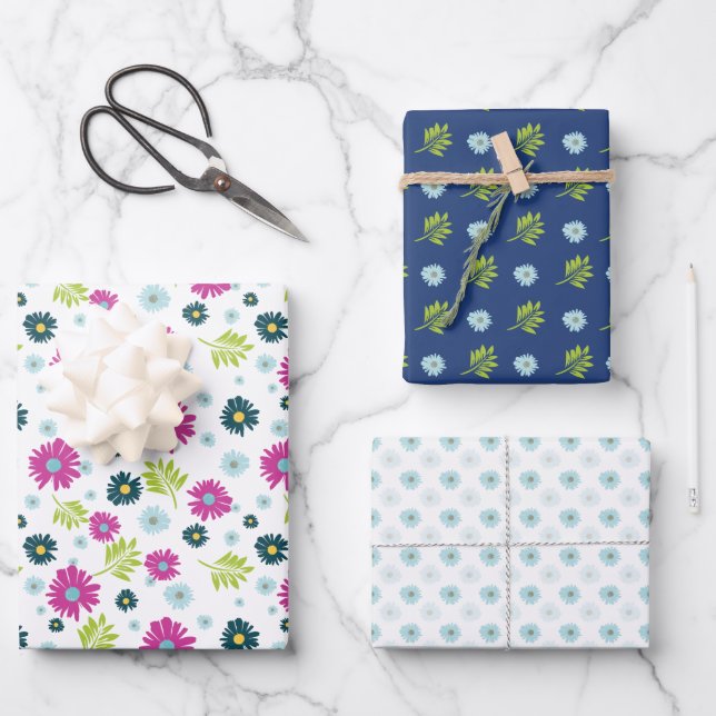 Daisy Pink Blue Floral Green Leaf Pattern Wrapping Paper Sheet (Front)