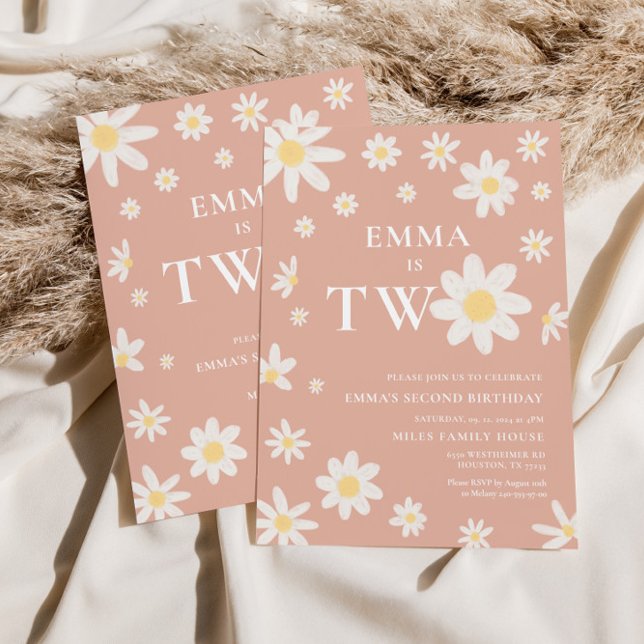 Daisy Pink Blush Second 2nd Birthday Two Invitation (Creator Uploaded)