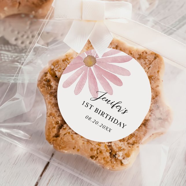Daisy Pink Girl First Birthday Party  Classic Round Sticker (Creator Uploaded)