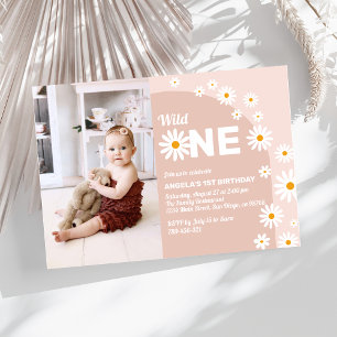 Daisy pink wild one Girl 1st Birthday Photo Invitation