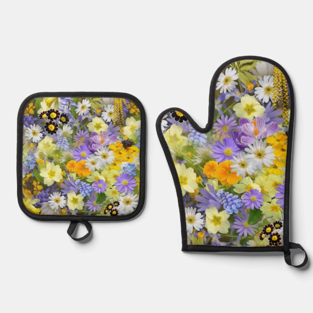 Daisy ,Primrose, Daffodil Flowers Oven Mitt & Pot Holder Set (Front)