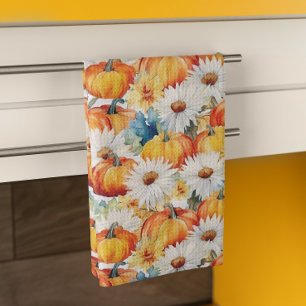 Daisy Pumpkin Autumn Thanksgiving  Floral Tea Towel