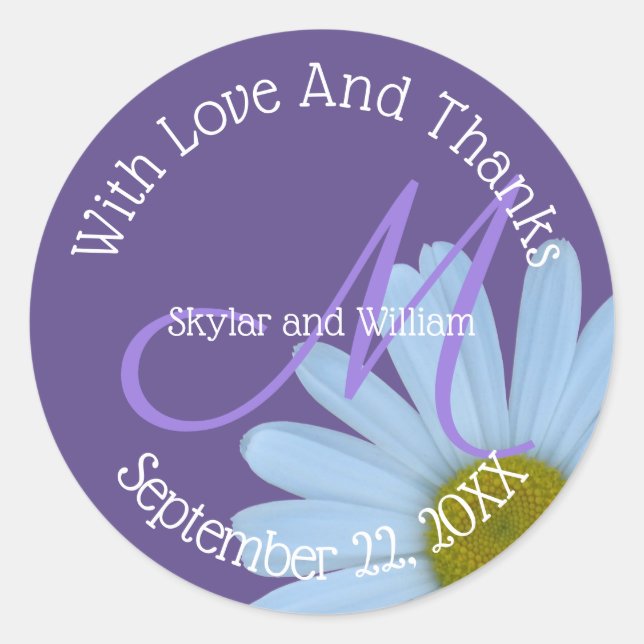 Daisy Purple Wedding Floral With Love And Thanks Classic Round Sticker (Front)