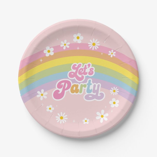 Daisy Rainbow Let's Party Retro Birthday Paper Plate (Front)