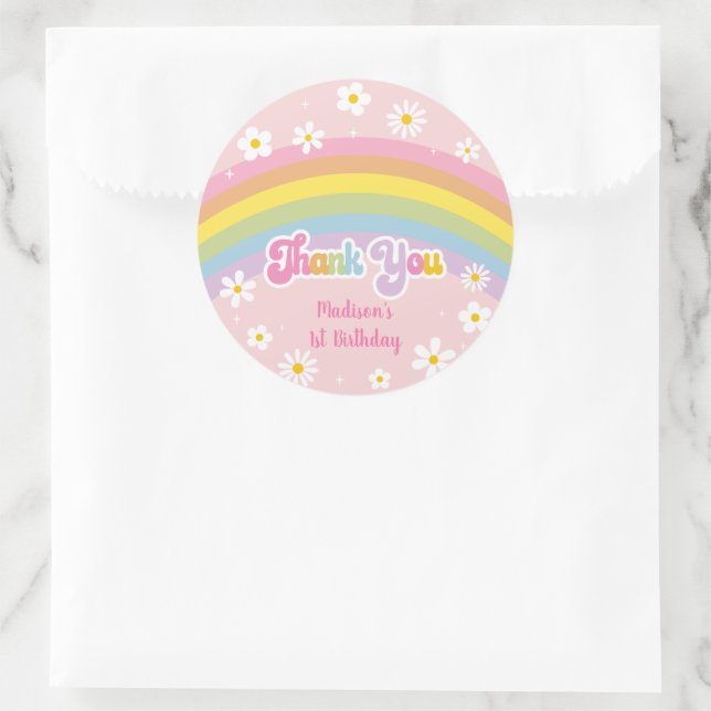 Daisy Rainbow Retro Birthday Thank You Classic Round Sticker (Bag)