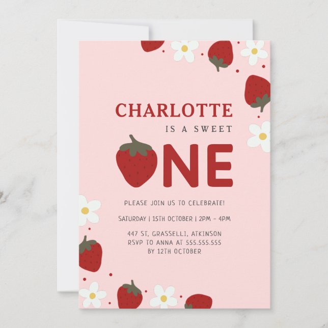 Daisy Red Strawberry 1st Summer Birthday Invitation (Front)