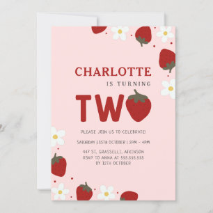 Daisy Red Strawberry 2nd Summer Birthday Invitation