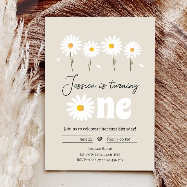 Daisy Retro Boho Party Creme Sand First Birthday Invitation (Creator Uploaded)