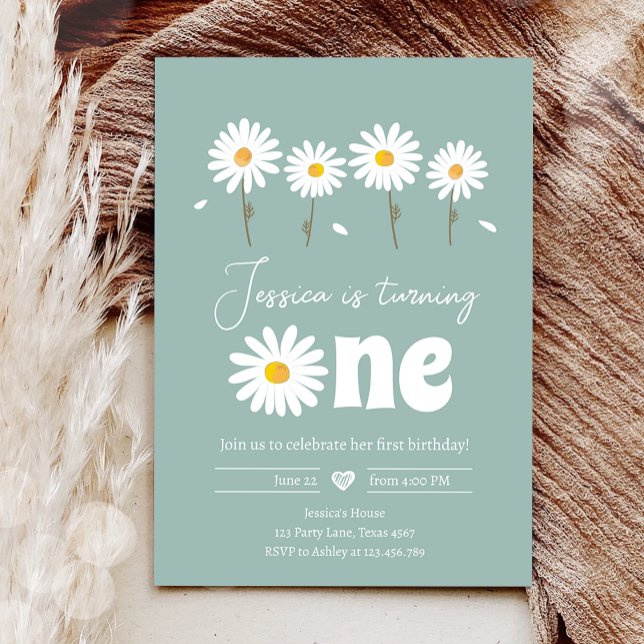 Daisy Retro Boho Party Dusty Blue First Birthday Invitation (Creator Uploaded)
