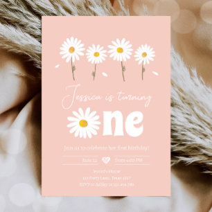 Daisy Retro Boho Party Pink Girl First Birthday Invitation