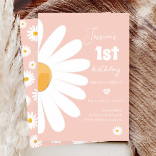 Daisy Retro Boho Party Pink Girl First Birthday Invitation