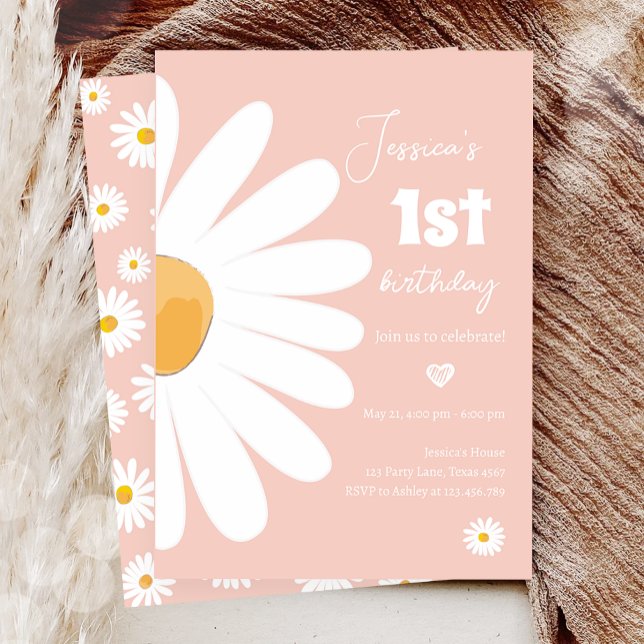 Daisy Retro Boho Party Pink Girl First Birthday Invitation (Creator Uploaded)