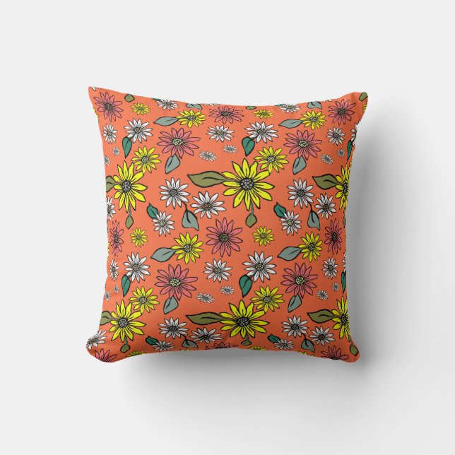 Daisy Retro Orange Square Throw Pillow (Front)