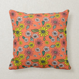 Daisy Retro Orange Square Throw Pillow