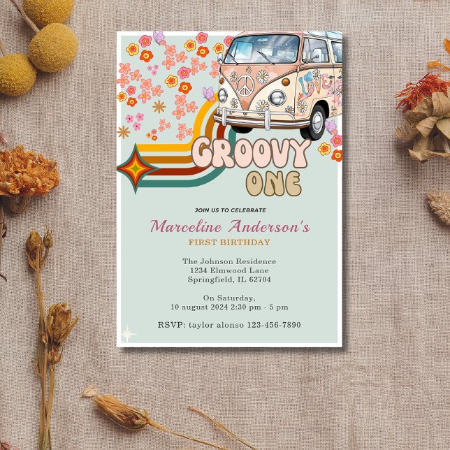 Daisy & Retro Van Floral Groovy One 1st Birthday  Invitation (Creator Uploaded)