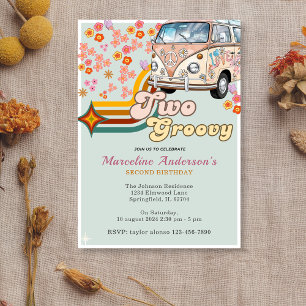 Daisy & Retro Van Floral Groovy Two 2nd Birthday  Invitation