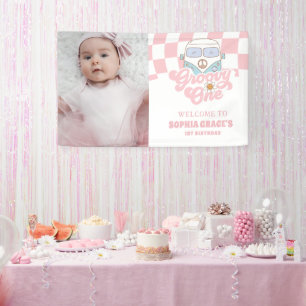 Daisy & Retro Van Pink Groovy One 1st Birthday Banner