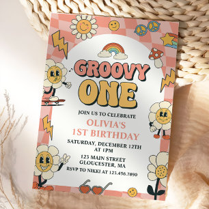 Daisy & Retro Van Pink Groovy One 1st Birthday Invitation