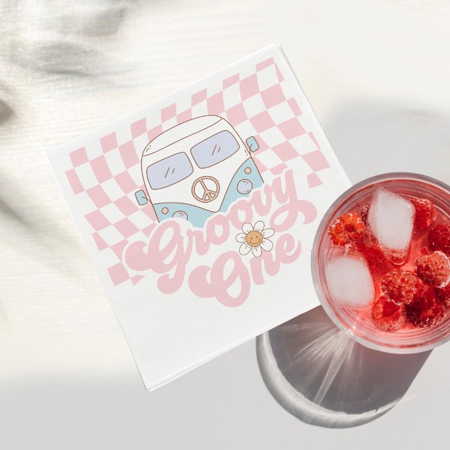 Daisy & Retro Van Pink Groovy One 1st Birthday Napkin (Creator Uploaded)