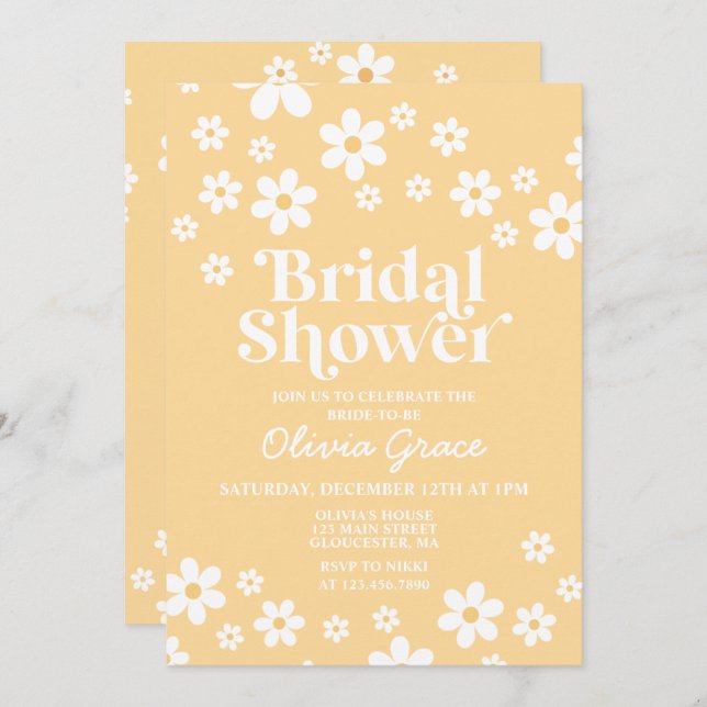 Daisy Retro yellow Floral Bridal Shower Invitation (Front/Back)