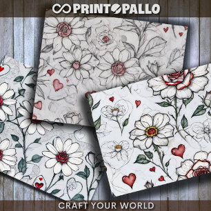 Daisy, roses with little red hearts for decoupage wrapping paper sheet