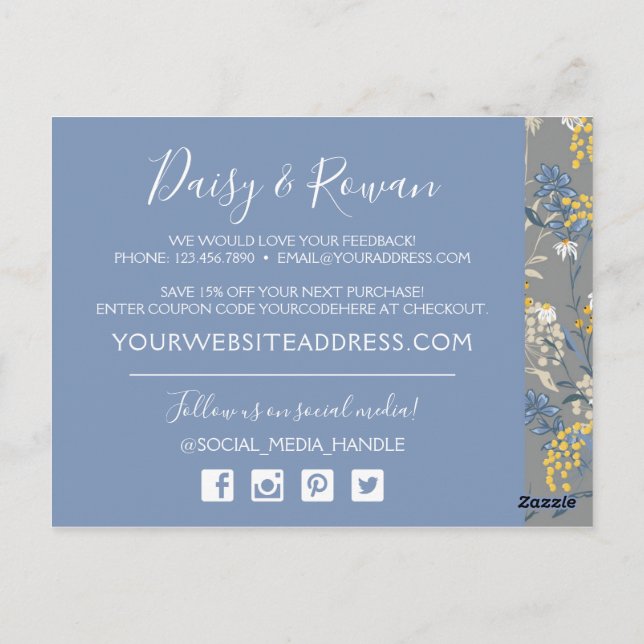 Daisy Rowan Navy & Yellow Botanical Thank You Postcard (Back)