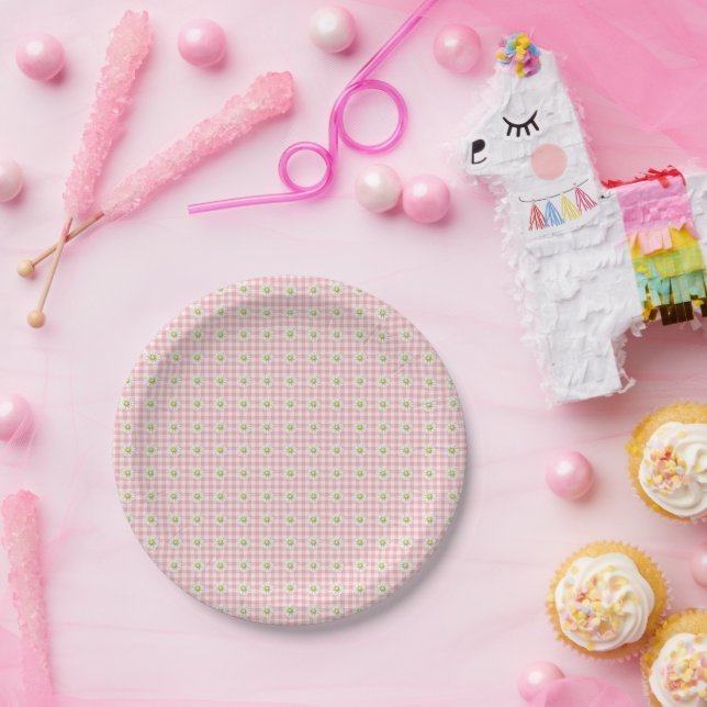 Daisy Rows on Pink Gingham Paper Plate (Party)