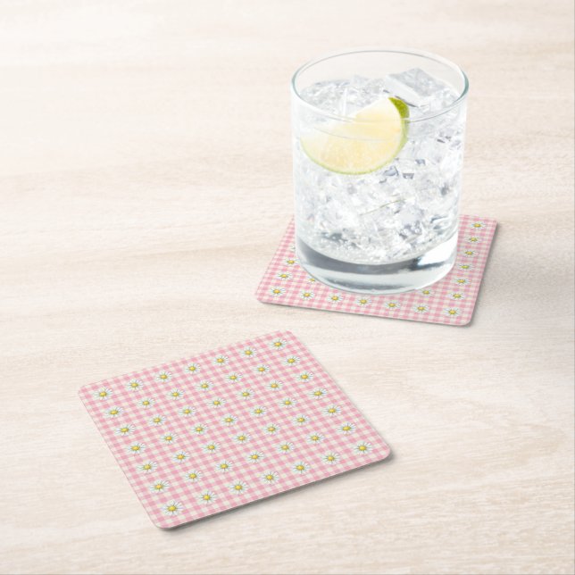 Daisy Rows on Pink Gingham Square Paper Coaster (Insitu)